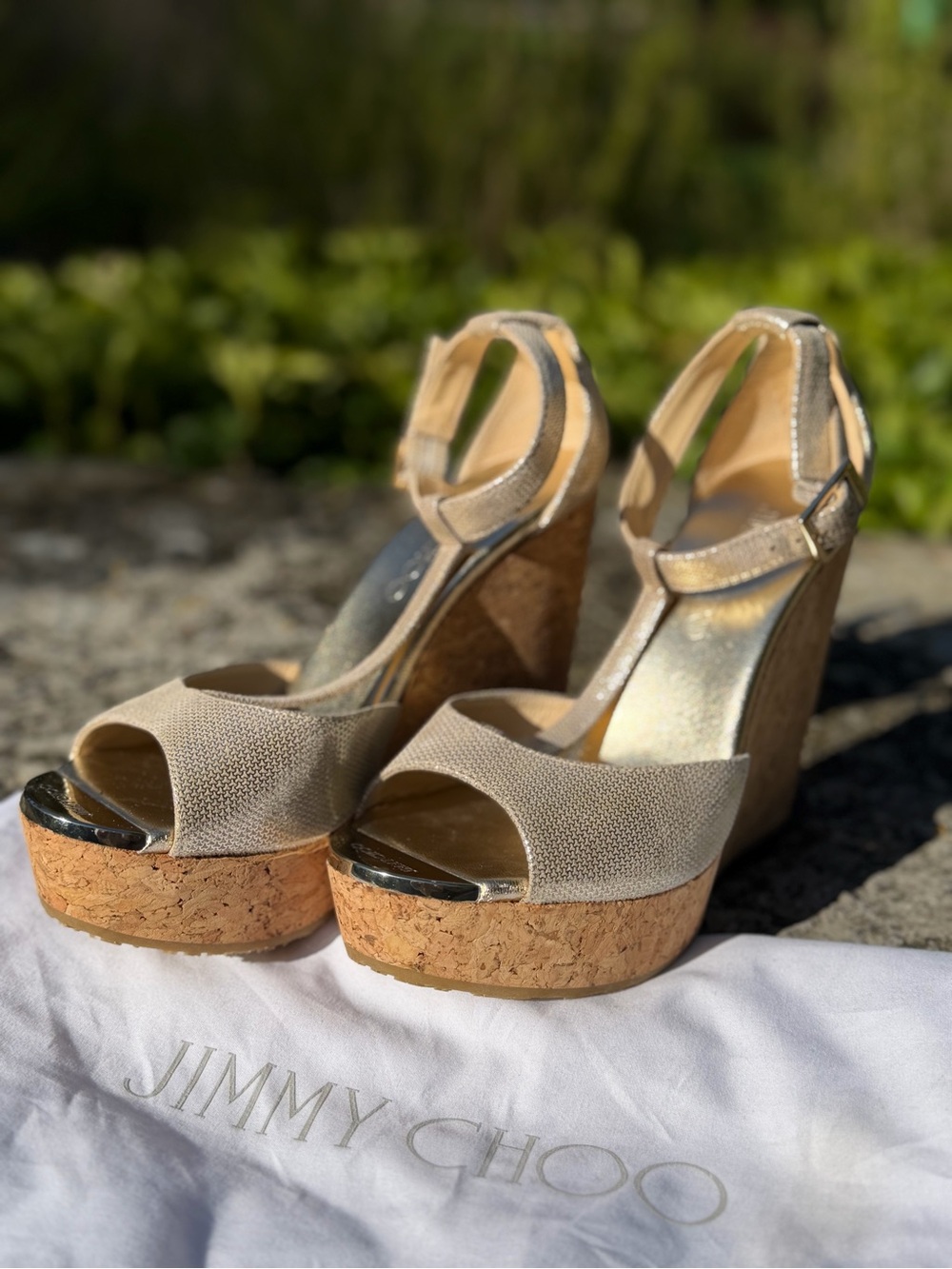 Jimmy Choo Beige Canvas and Cork Platform Wedge Sandals